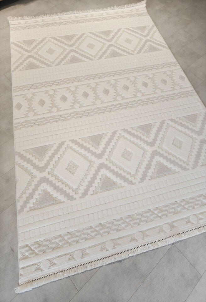 Polo Krem Bej Geometrik Desenli Modern Salon Halısı - PL5000