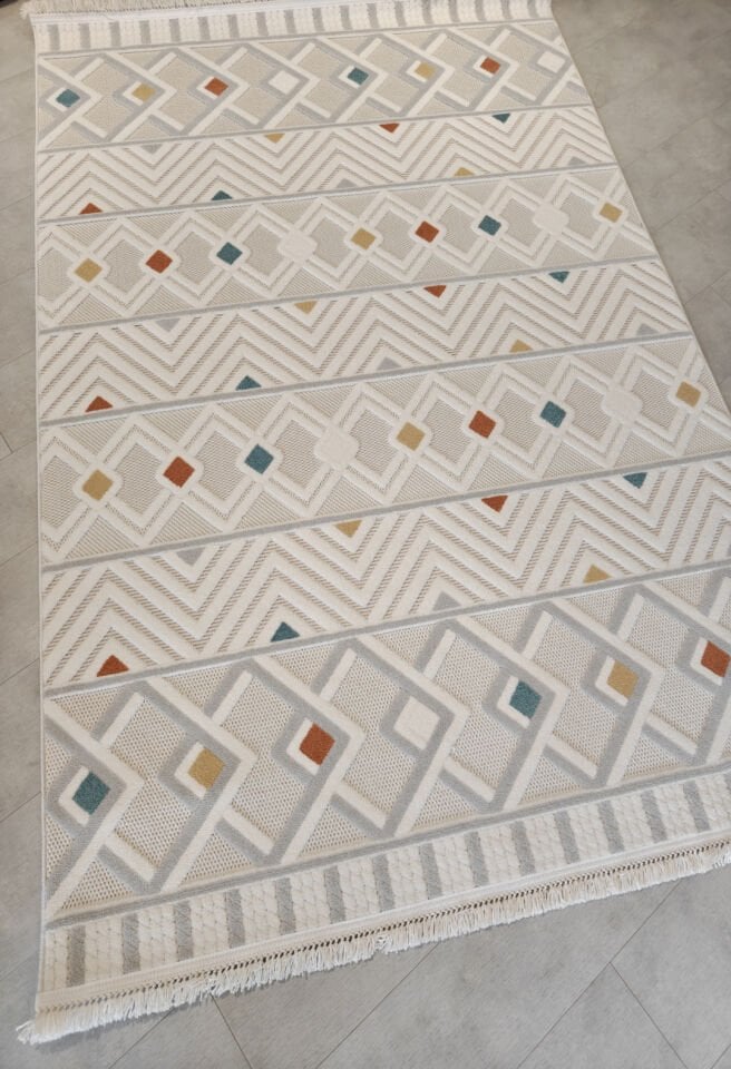Halı Sarayı Polo Serisi Etnik Geometrik Baklava Desenli Kabartmalı Krem Halı - PL5009