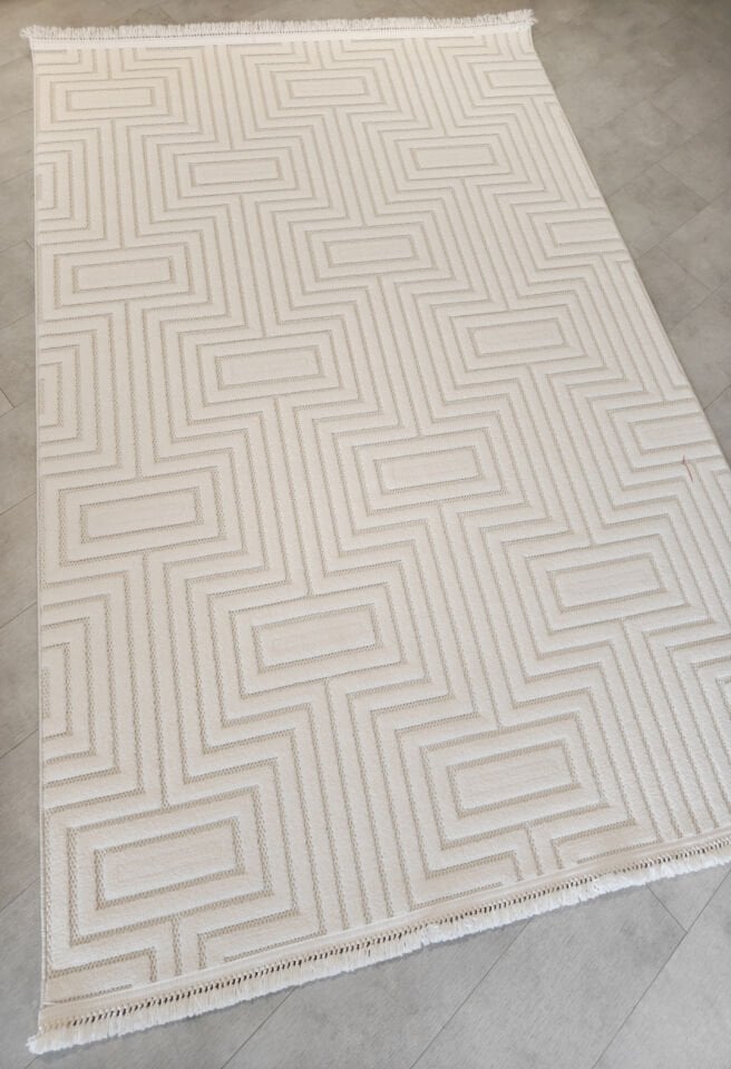 Halı Sarayı Polo Serisi İskandinav Tarzı Çizgili Baklava Desenli Kabartmalı Krem Halı - PL5010