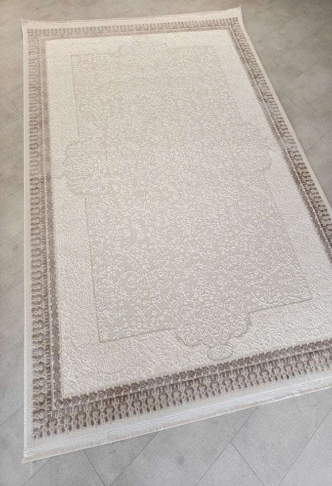 Gümüşsü Krem Vizon Modern Çizgili Geometrik Pamuk Taban Halı - GM1602