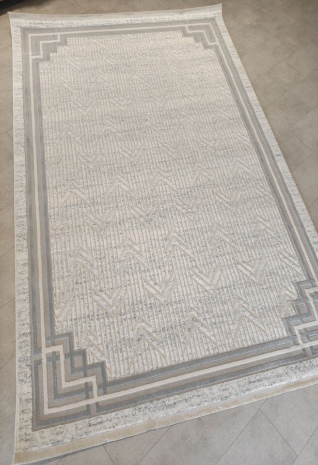 Odak İnci Gri Krem Modern Geometrik Desen Pamuk Taban Halı - ODK1702
