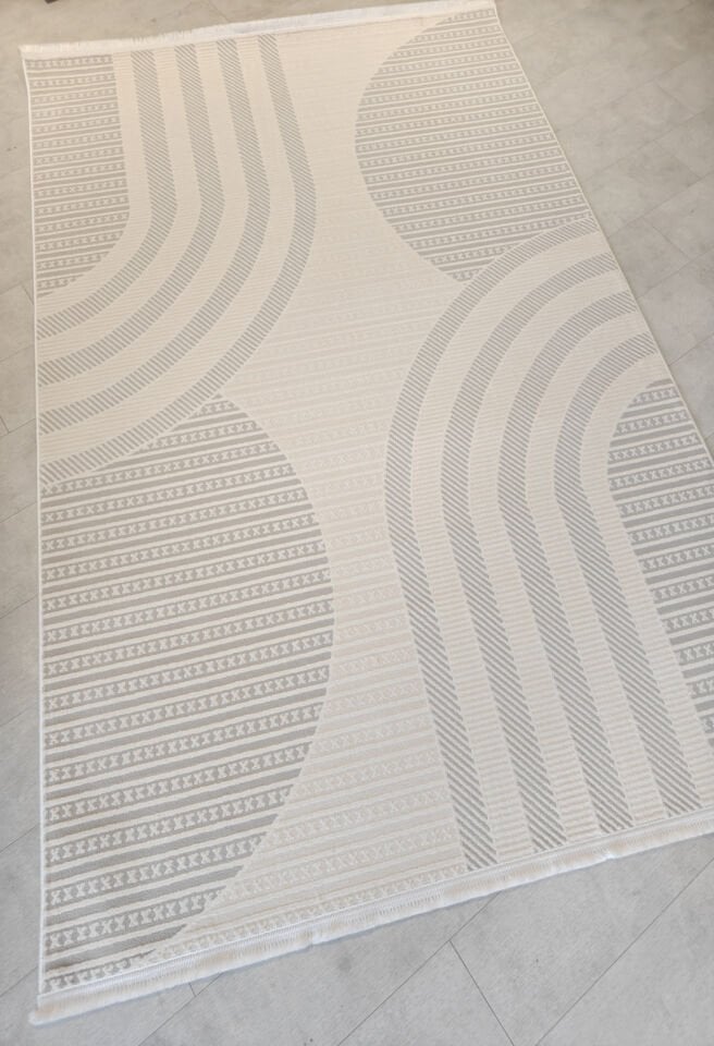 Akasya 4404 Modern Geometrik Desenli Pamuk Taban Halı - Krem / Gri