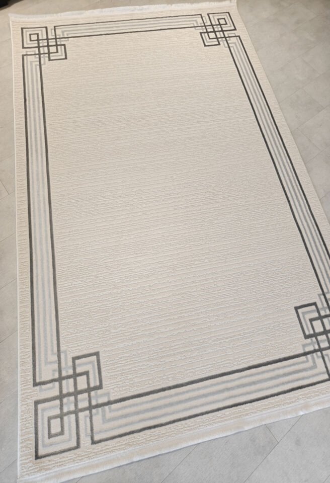 Akasya 4406 Çerçeveli Geometrik Desenli Pamuk Taban Halı - Krem / Gri