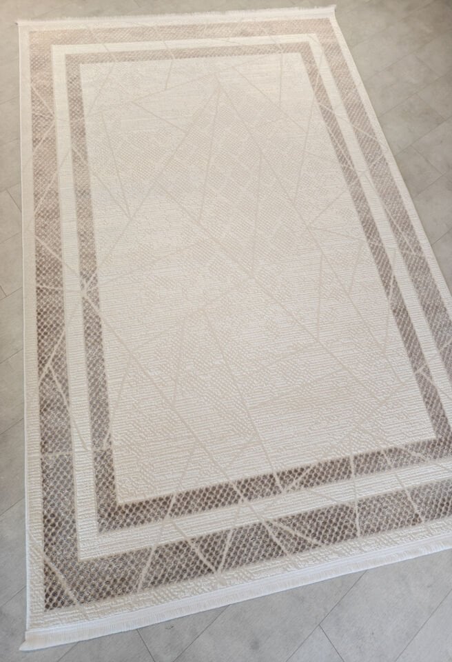 Akasya 4408 Çerçeveli Geometrik Desenli Pamuk Taban Halı - Bej / Krem