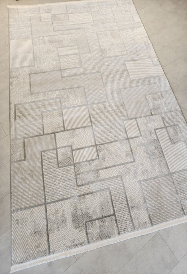 Still 5101 Geometrik Blok Desenli Pamuk Taban Halı - Gri
