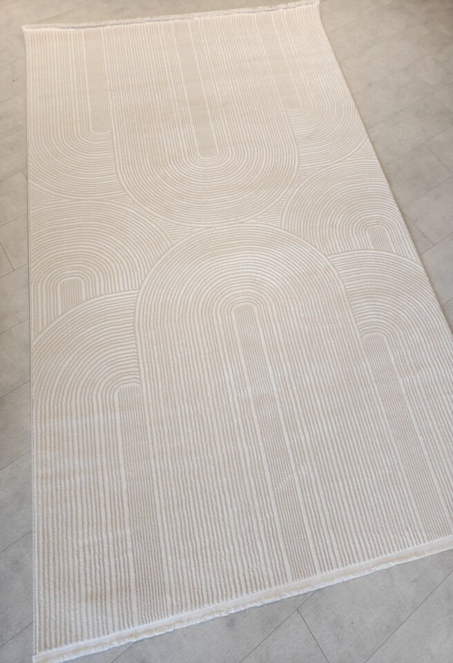 Still 5109 Çizgili Oval Desenli Modern Pamuk Taban Halı - Bej