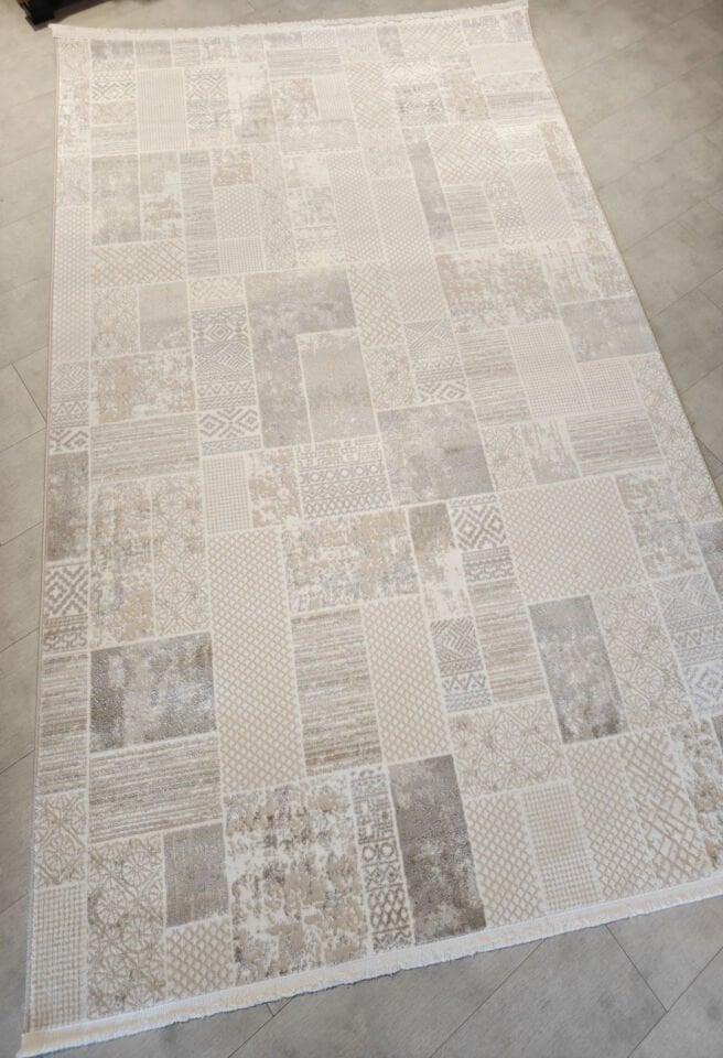 Still 5113 Patchwork Desenli Modern Pamuk Taban Halı - Bej Gri